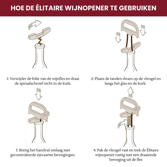 Uitleg over het gebruik van de Élitaire tweedelige wijnopener van Mémoire